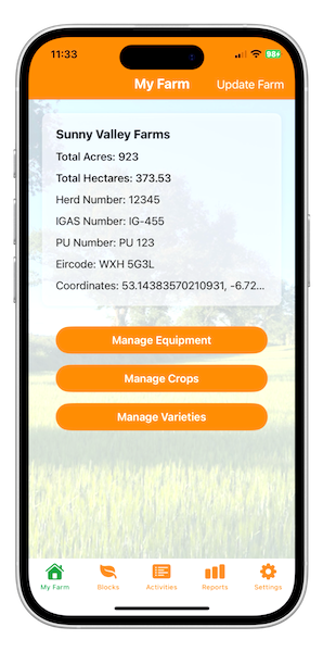 TillageTrack mobile app interface showing farm activity recording screen